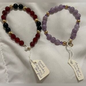 Gemstone Bracelet Duo • Amethyst & Carnelian Onyx • Gold Filled • Stretch • 8”